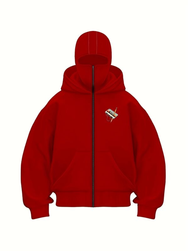 Sweat capuche rouge pour homme avec imprimé cassette rétro et crayon – Image 5