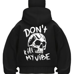 Sweat à Capuche Noir Élégant pour Femme avec Graphique de Crâne et Inscription "NE TUER PAS MA VIBRE"