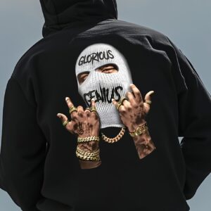 Sweat à Capuche Noir pour Hommes avec Imprimé Graphique et Design de Masque Balaclava - "GLORIOUS"