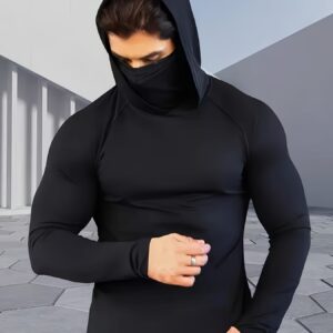 Maillot de sport ajusté à col montant pour hommes avec capuche et masque