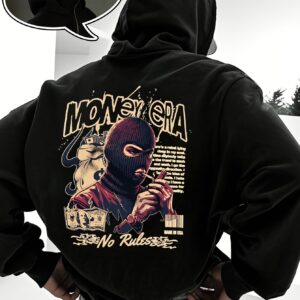 Sweat à Capuche Noir pour Homme avec Imprimé Balaclava Argenté & Texte Audacieux – Streetwear Urbain Inspiré du Hip-Hop