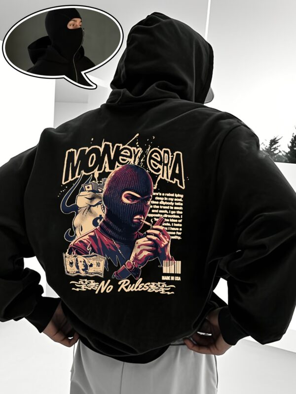 Sweat à Capuche Noir pour Homme avec Imprimé Balaclava Argenté & Texte Audacieux – Streetwear Urbain Inspiré du Hip-Hop
