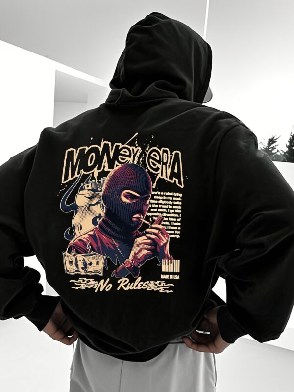 Sweat à Capuche Noir pour Homme avec Imprimé Balaclava Argenté & Texte Audacieux – Streetwear Urbain Inspiré du Hip-Hop – Image 3